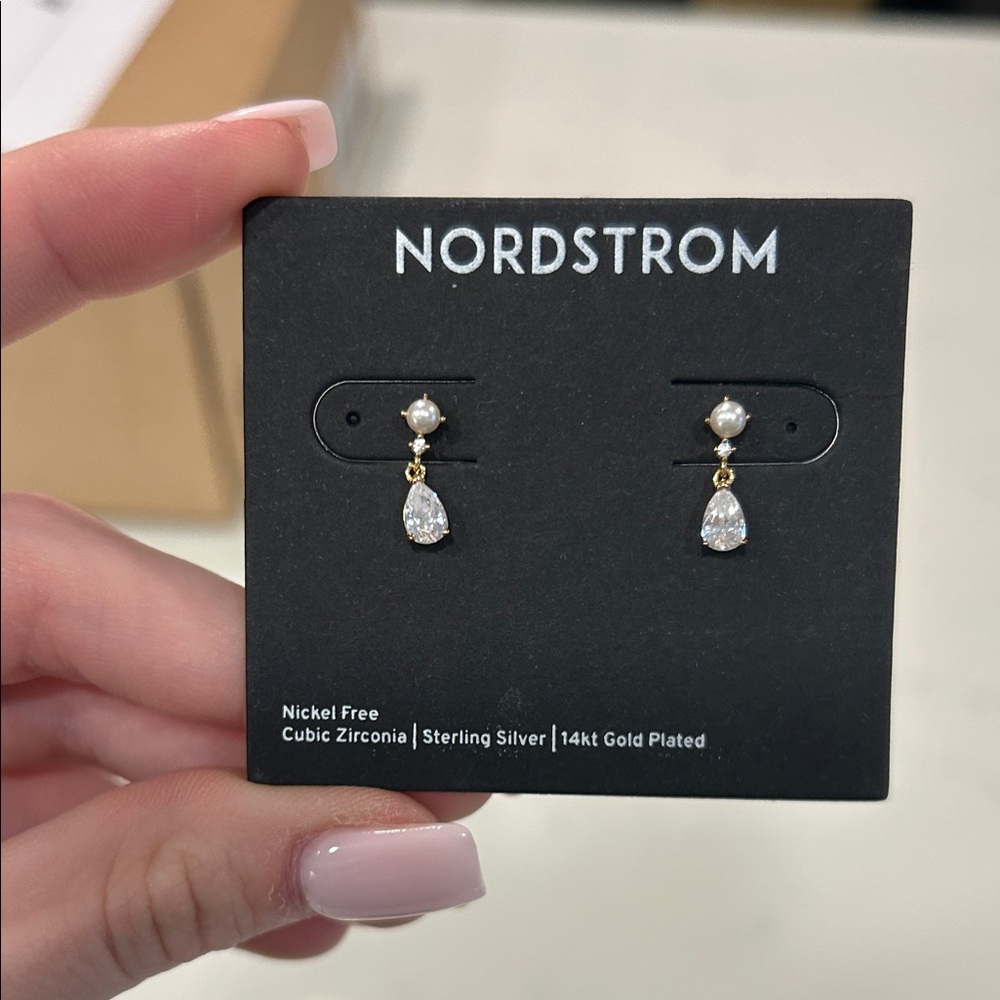Nordstrom Gold Pearl and Clear Teardrop CZ Drop Earrings